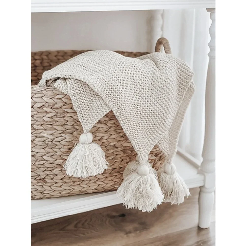 Cream Pom knit throw blanket
